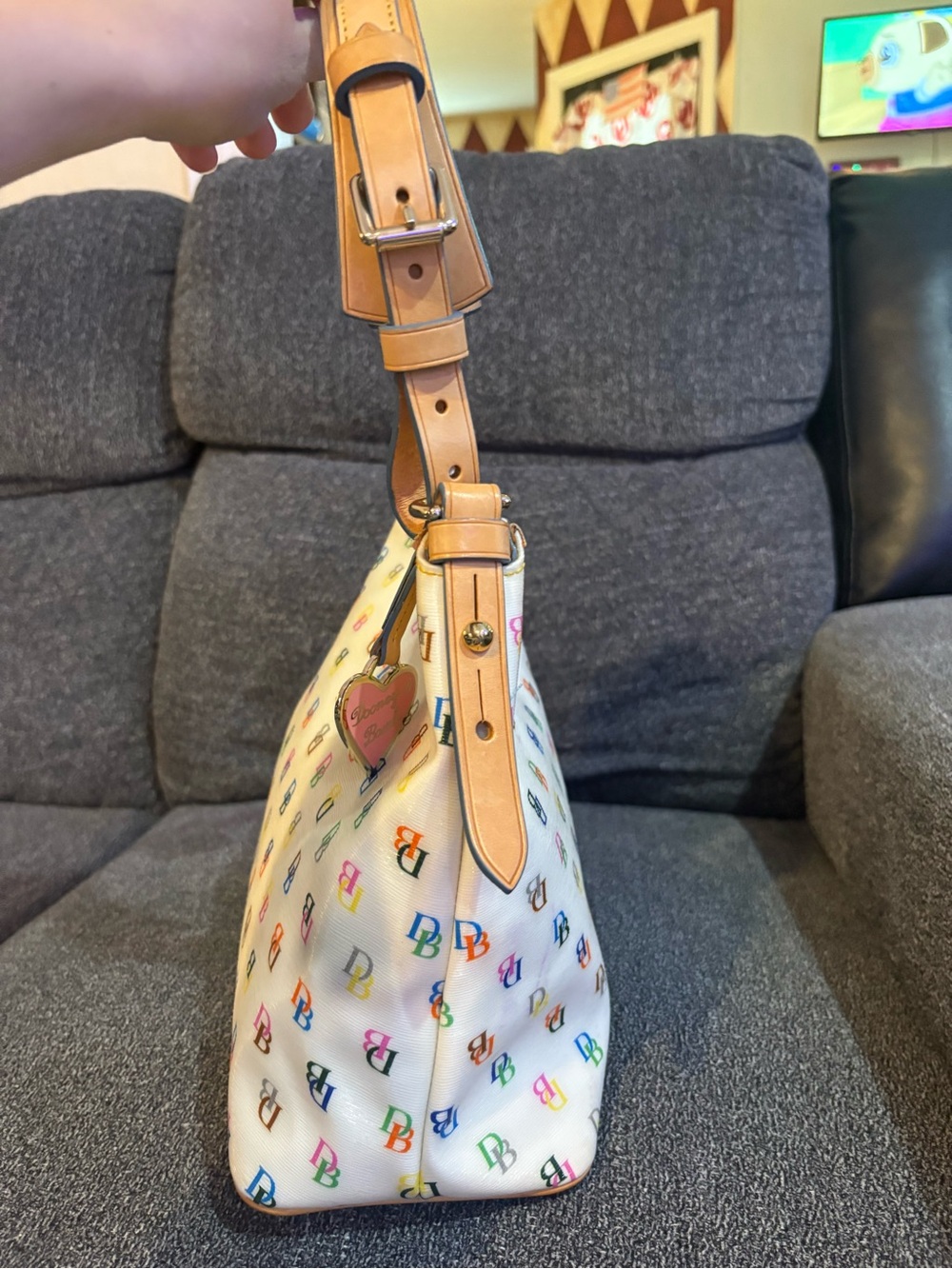 Dooney & Bourke White Multicolor DB Logo Shoulder Bag with Tan Trim - Picture 11 of 16